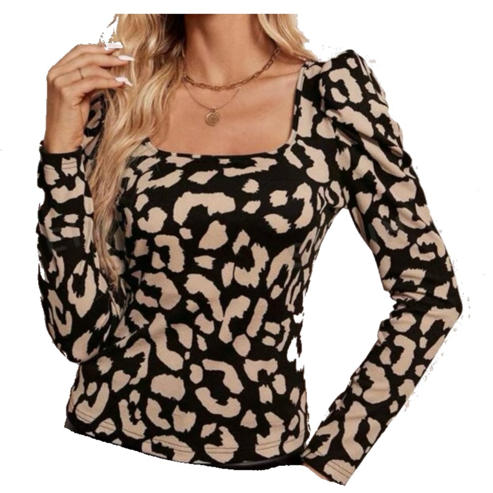 SHEIN Black and Cream Animal Print Long Sleeve Top
